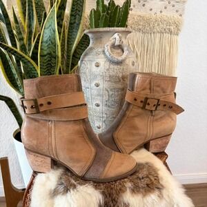 Tan and brown genuine leather and suede harness buckle boots